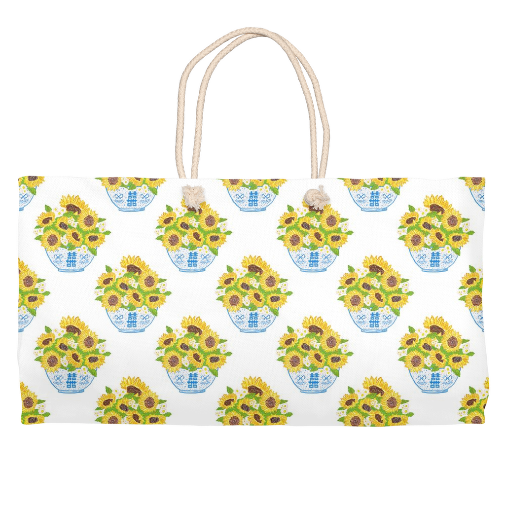 Double Happiness Sunflowers In White Weekender Totes