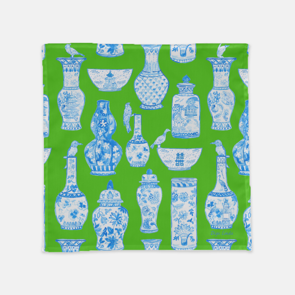 Chinoiserie blue and white GInger Jars Napkings in Kelly Green  by Diga Linda