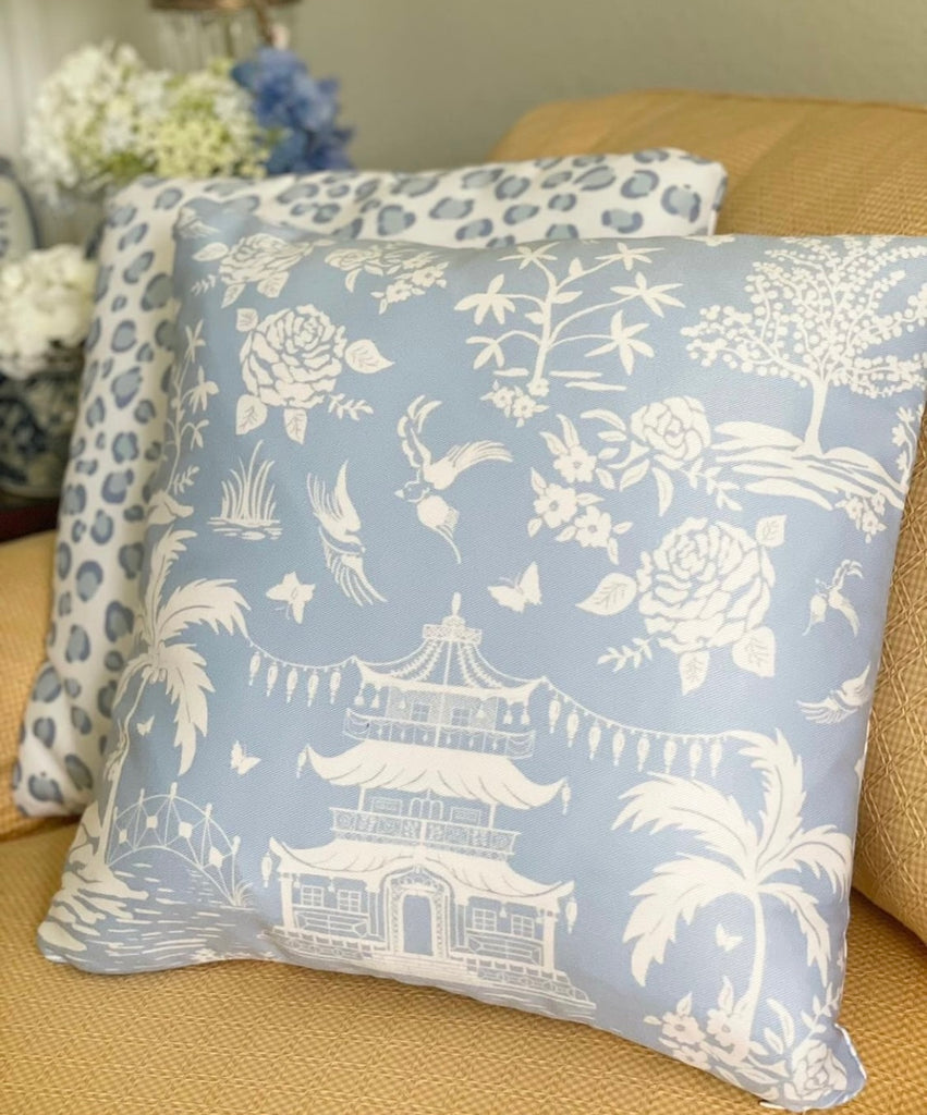 Chinoiserie Pagoda, Cornflower Throw Pillows by Diga Linda