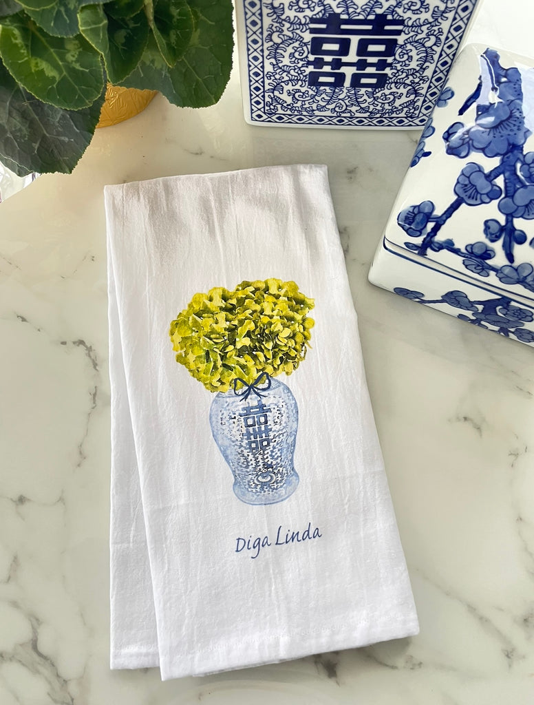 Chinoiserie Green Hydrangeas Flour Sack