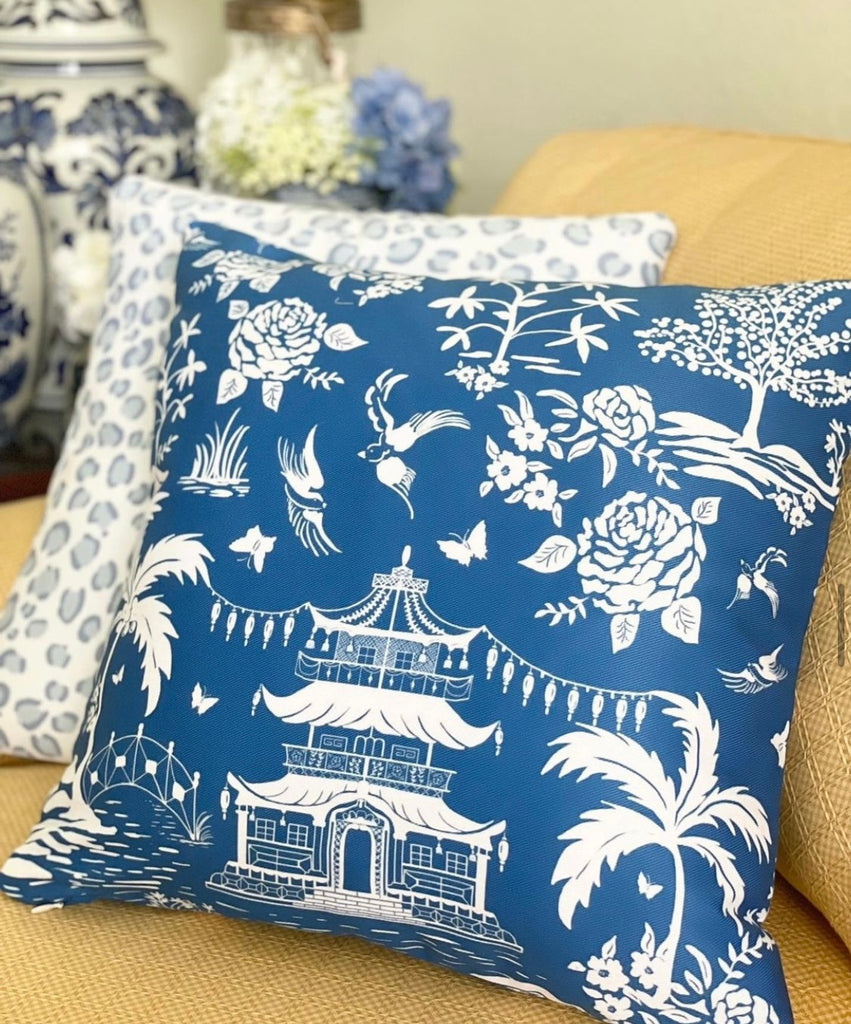 Chinoiserie Pagoda, Blue and White Throw Pillows