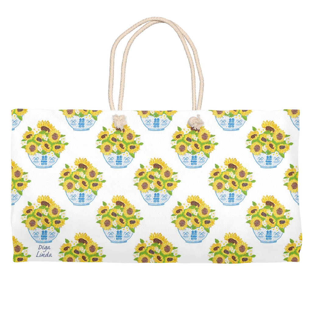 Double Happiness Sunflowers In White Weekender Totes